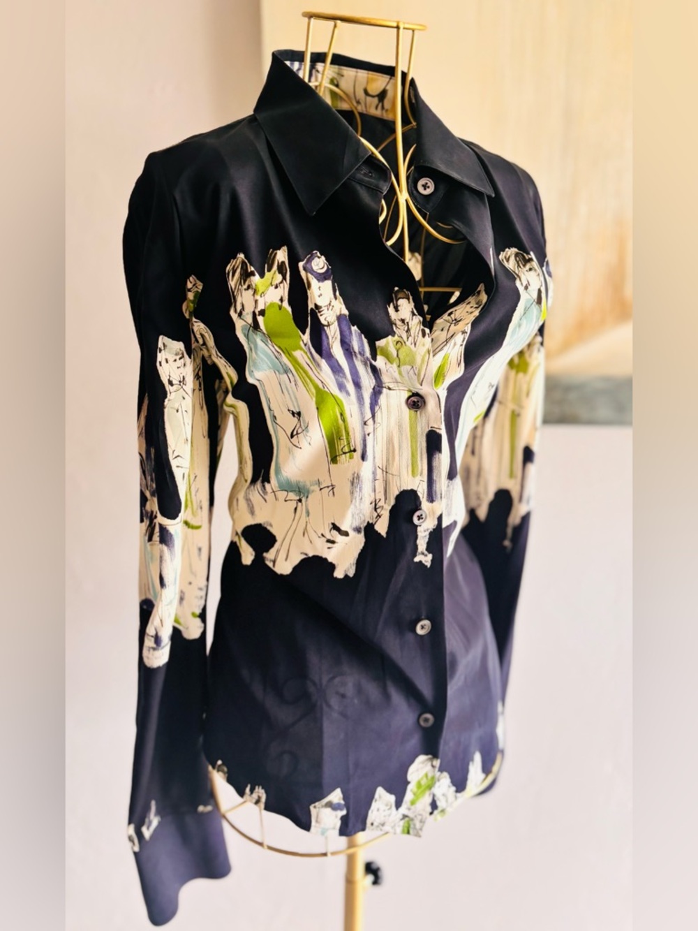 Linda Allard Ellen Tracy Silk Blouse Size 10 Abstract Print Navy Green - Picture 2 of 8